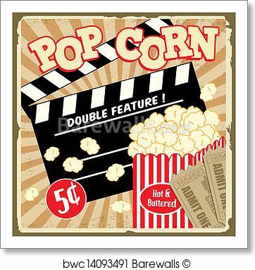 362x382 Art Print Of Popcorn With Clapper Board And Movie Tickets Vintage