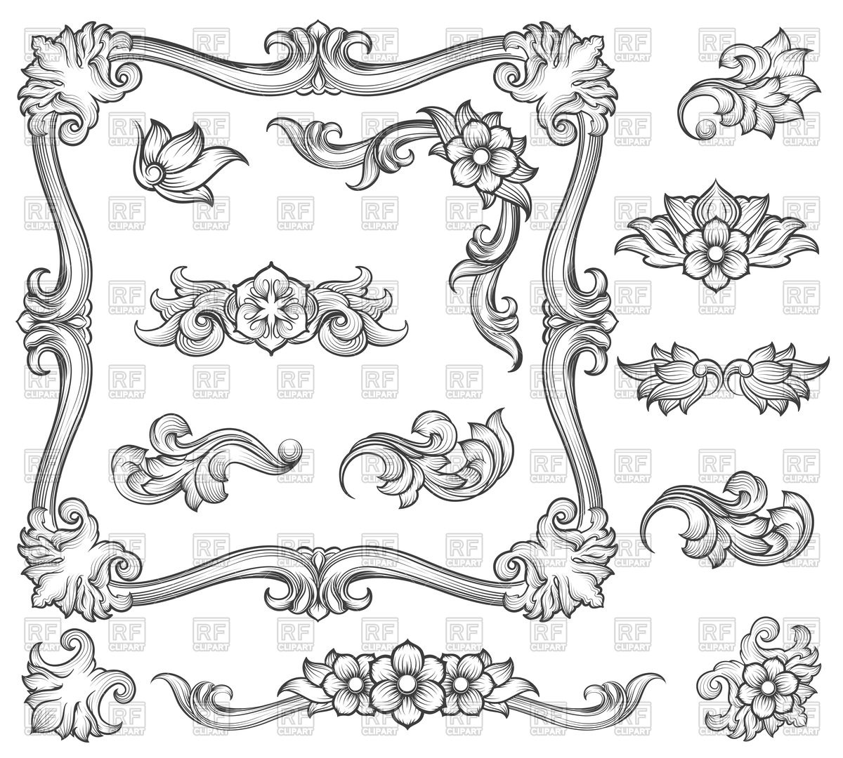 1200x1080 Floral Engraving Decor Elements, Vintage Frame Vector Image