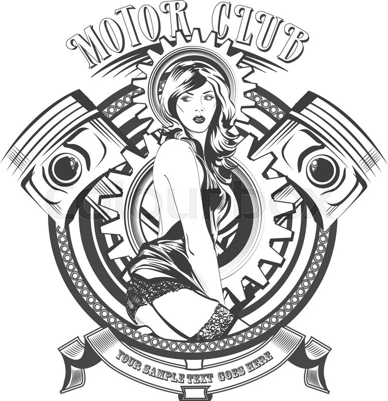 775x800 Vintage Motor Club Signs And Label With A Beautiful Woman. Vector