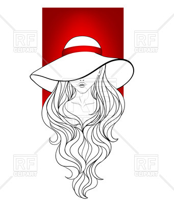 341x400 Young Woman In Vintage Hat With Large Fields And Red Ribbon Vector