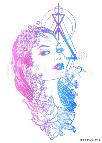 357x500 Art Nouveau Woman Tattoo And T Shirt Design. Beautiful Glamourous
