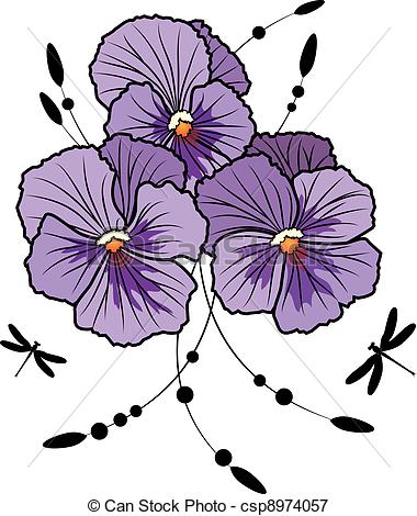 380x470 Vector Illustration Of Flowers Of Violet Pansies And Dragonflies