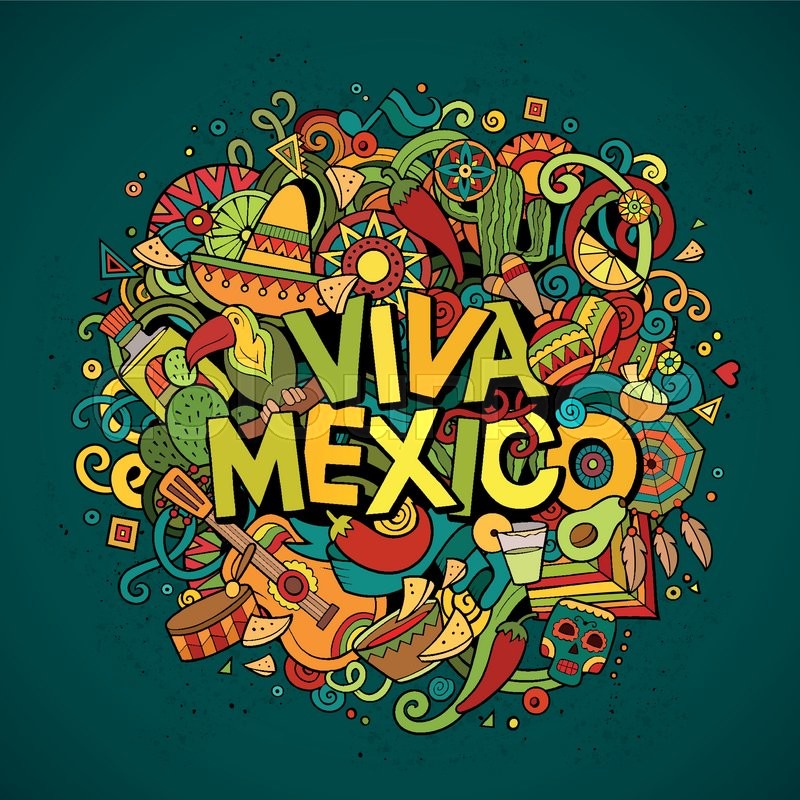 800x800 Viva Mexico Colorful Festive Background. Cartoon Vector Hand Drawn