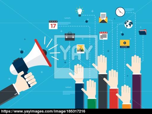 512x384 Hands Holding A Megaphones And Volunteer. Vector