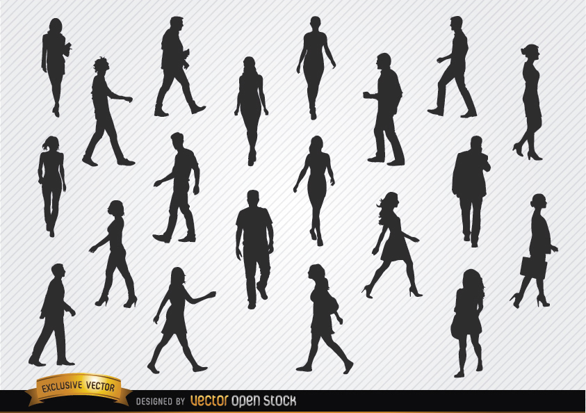 843x594 Walking People Silhouettes Set