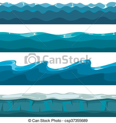 444x470 Cartoon Ocean, Sea, Water Waves Vector Seamless Patterns. Cartoon