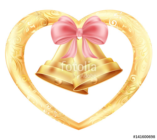 500x447 Wedding Bells With Hearts And A Pink Bow In A Gold Frame With A