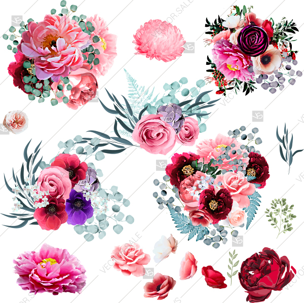 600x598 Wedding Invitation Vector Template With Watercolor Peony Rose