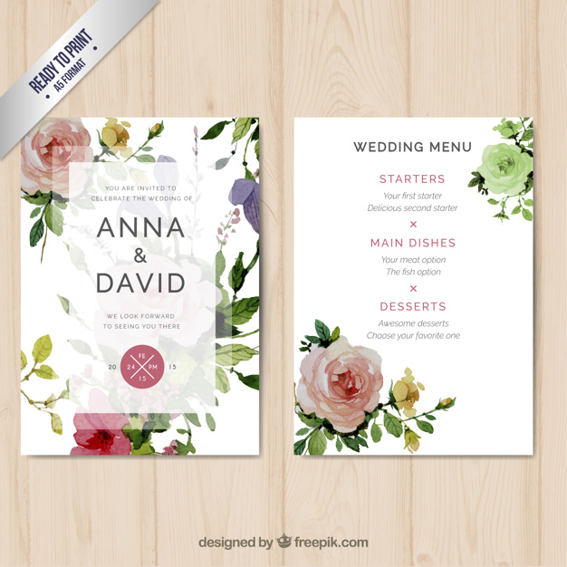 626x626 Wedding Menu With Watercolor Flowers Vector Free Download