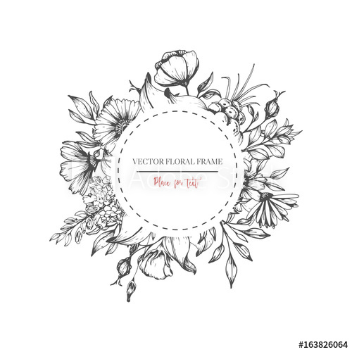 500x500 Hand Drawn Flower Round Frame. Vector Floral Wedding Design In