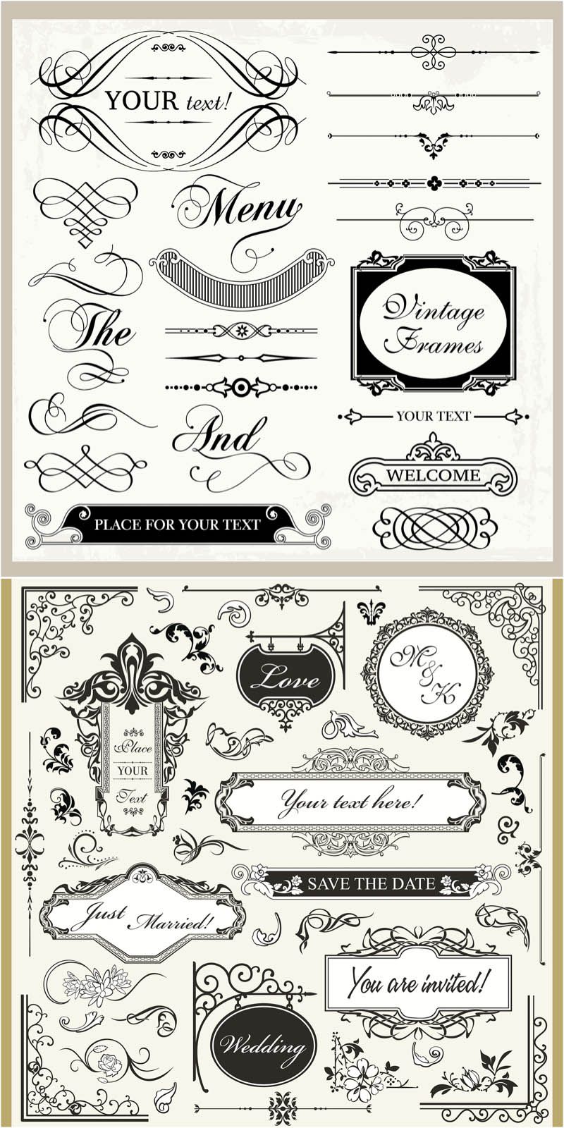 800x1600 Vintage Wedding Ornaments Vector Silhouettes Design Elements