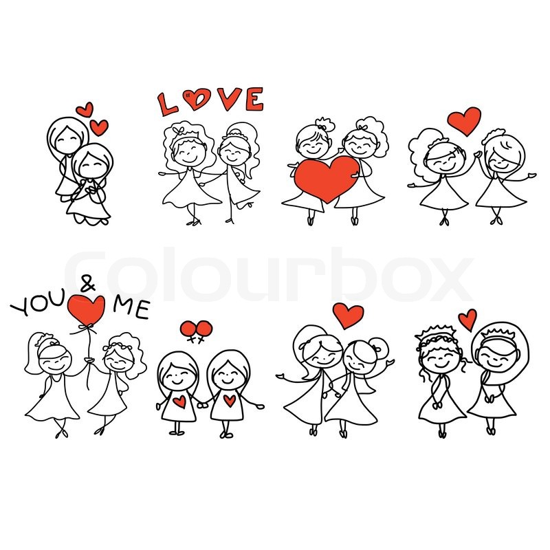 800x800 Hand Drawing Cartoon Concept Happy Same Sex Couple Wedding Stock