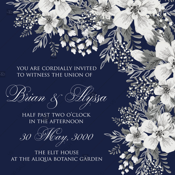 600x600 White Flower Wedding Invitation Vector Template On Nawy Blue