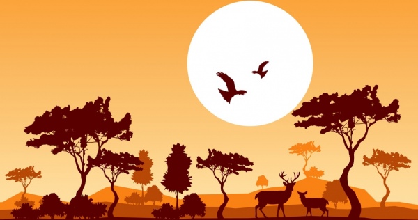 600x316 Wildlife Background Reindeer Birds Moon Icons Silhouette Design
