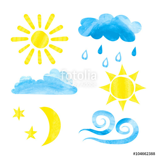 500x500 Set Of Watercolor Weather Icons. Watercolor Sun, Clouds, Moon