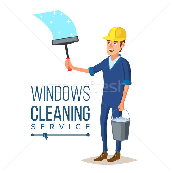 600x600 Skyscraper Cleaning Service Vector. Man With Bucket Of Water And