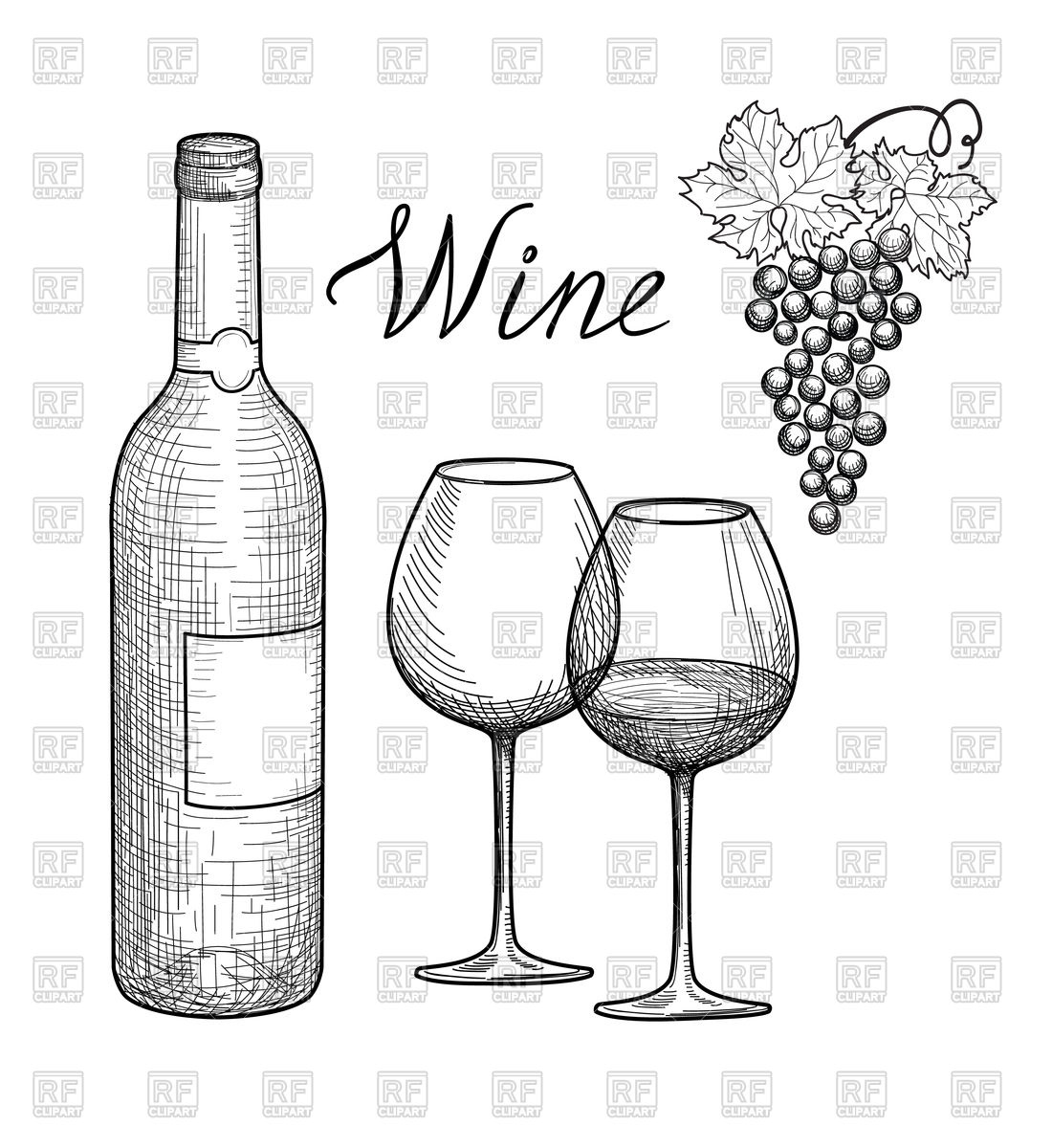 1100x1200 Wine Glass, Bottle And Grape Branch Vector Image Vector Artwork