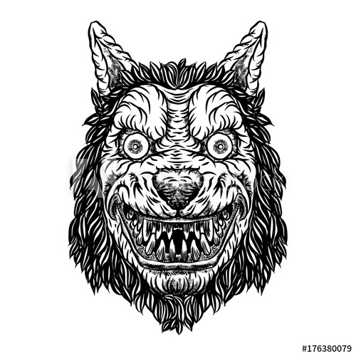 500x500 Angry Smiling Cunning Wolf Mascot Head. Werewolf Blackwork Tattoo