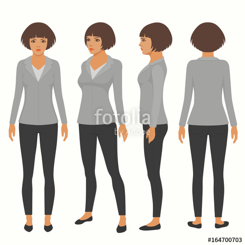 500x500 Vector Woman Cartoon Character, Front, Back And Side View Of