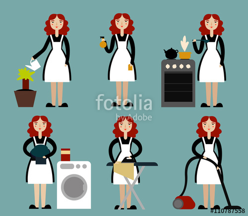 500x436 Housewife Set. Cleaning Lady. Cartoon Character. Multitasking