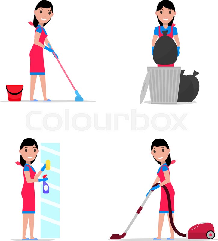 725x800 Vector Illustration Of A Set Cartoon Girl Cleaning. Isolated White