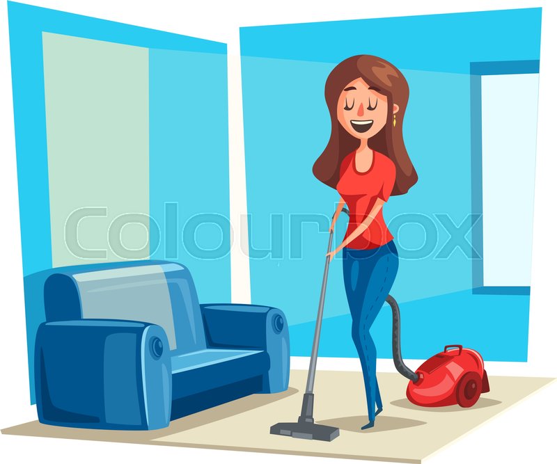 800x667 Woman Cleans Room Floor With Vacuum Cleaner. Vector Poster Of