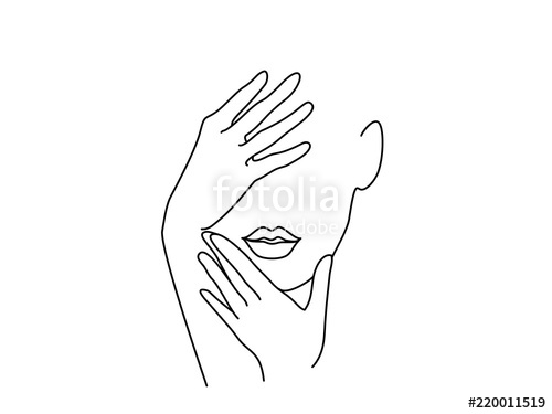 500x375 Line Drawing Art. Woman Face With Hands. Vector Illustration