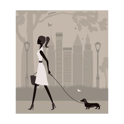 400x400 Woman Walking With A Dog. Vector Art Print By Ladoga