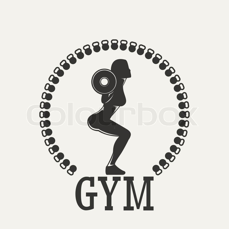800x800 Fitness Emblem. Silhouette Woman Squats With A Barbell. Vintage