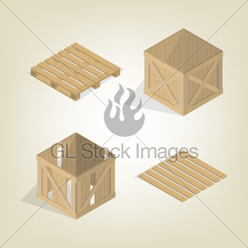 500x500 Realistic Wooden Box With Pallet Isometric, Vector Illust... Gl
