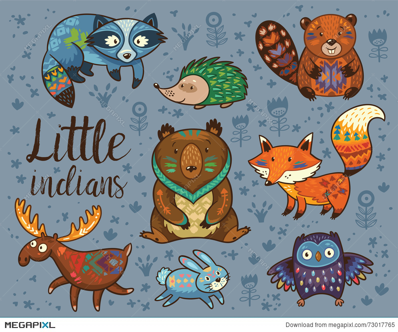 800x666 Little Indians. Woodland Tribal Animals Vector Set Illustration