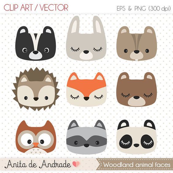 564x564 Woodland Animal Faces Digital Clipart