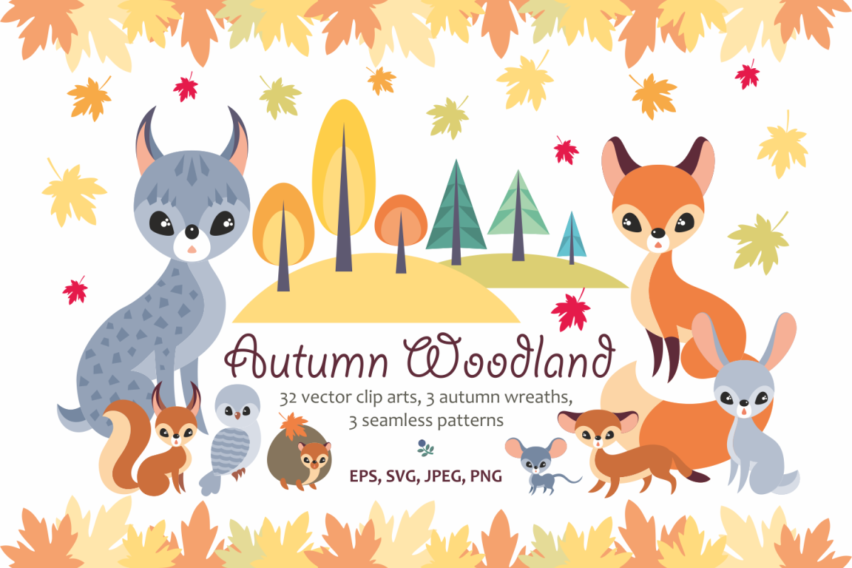 1200x800 Autumn Woodland. Vector Animals And Plants.