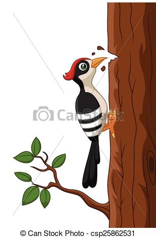 308x470 Vector Illustration Of Cartoon Woodpecker On A Tree .