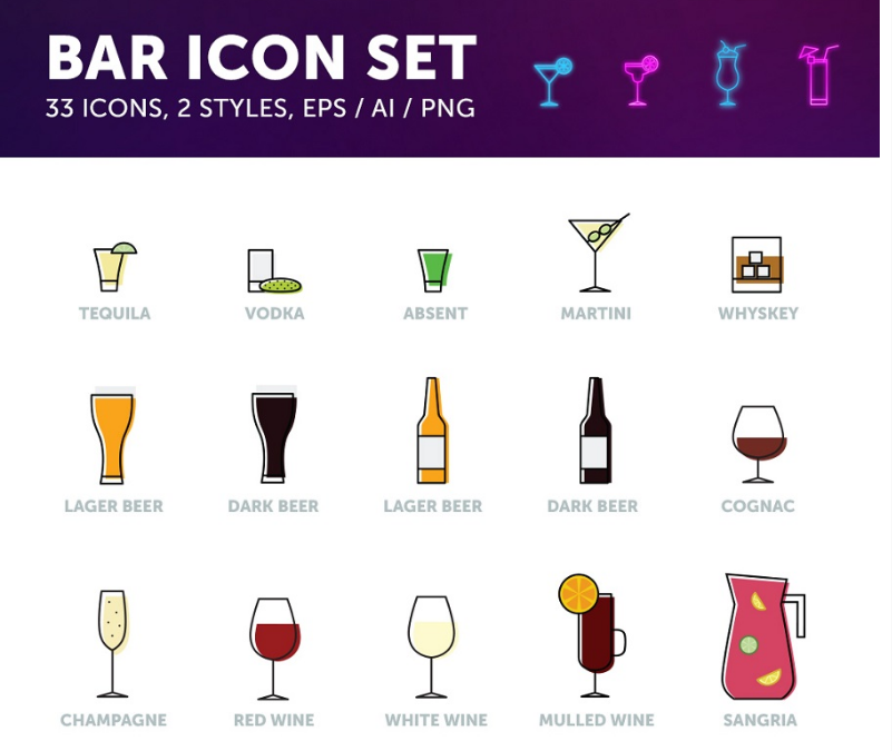 801x675 Set Of Bar Drinks Free Vector Icons