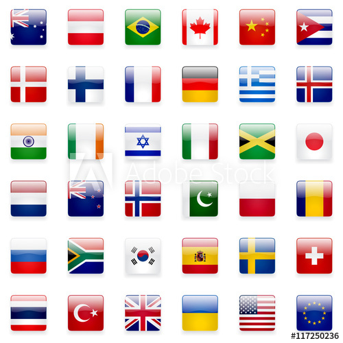 500x500 World Flags Vector Collection. 36 High Quality Square Glossy Icons