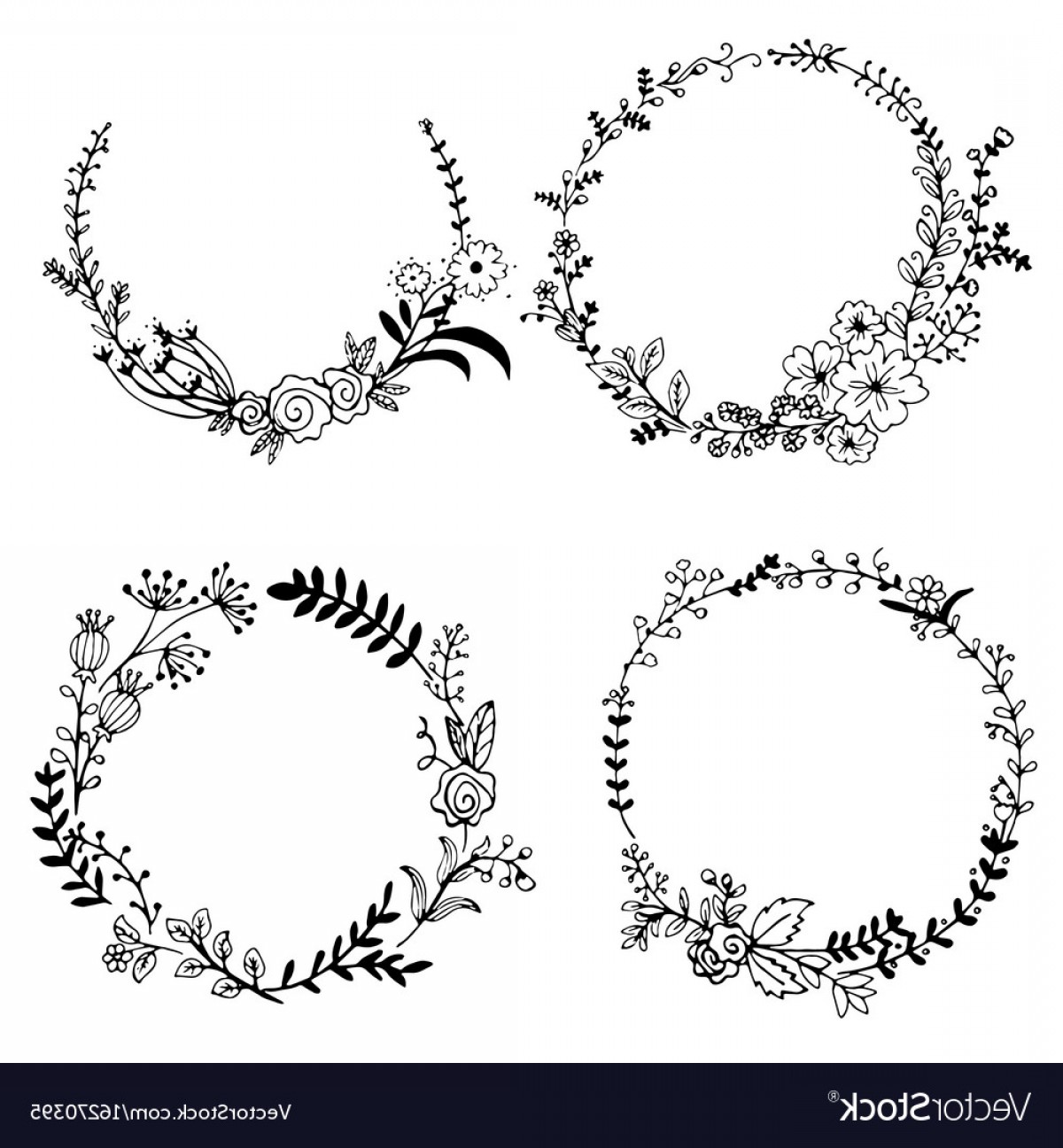 1200x1296 Hand Drawn Set Of Floral Wreaths Vector Shopatcloth