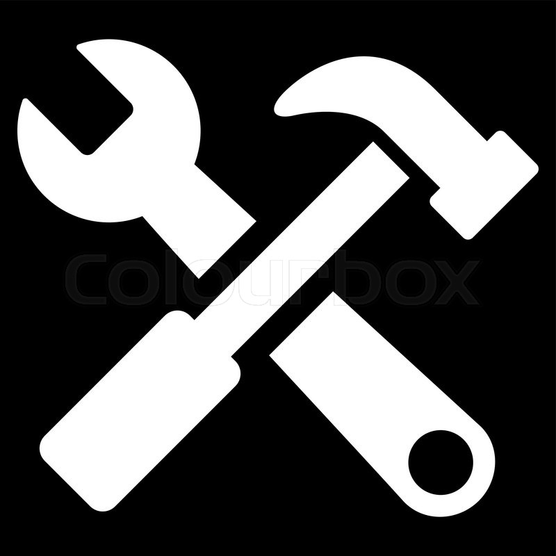 800x800 Hammer And Wrench Vector Icon. Style Is Flat Symbol, White Color