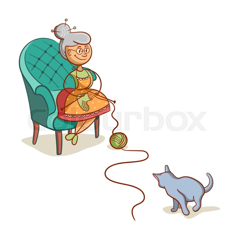 800x800 Cartoon Grandmother Sits On Armchair And Knits Socks. The Cat