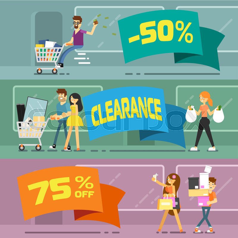 800x800 Sale Banners With Shopping People Vector Illustration. Price