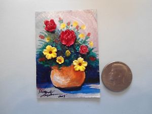 300x225 Orange Pot With Flowers 3d Aceo Acrylic Miniature Painting By