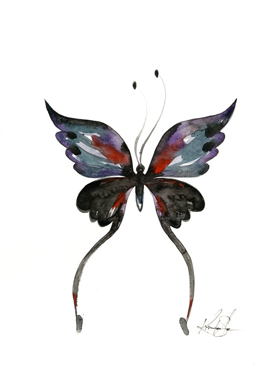 570x762 Abstract Butterfly Watercolor Painting, Black, Gray, Art, Original