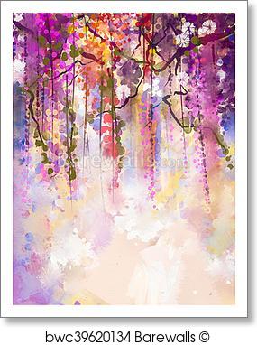 285x382 Art Print Of Watercolor Painting. Spring Purple Flowers Wisteria