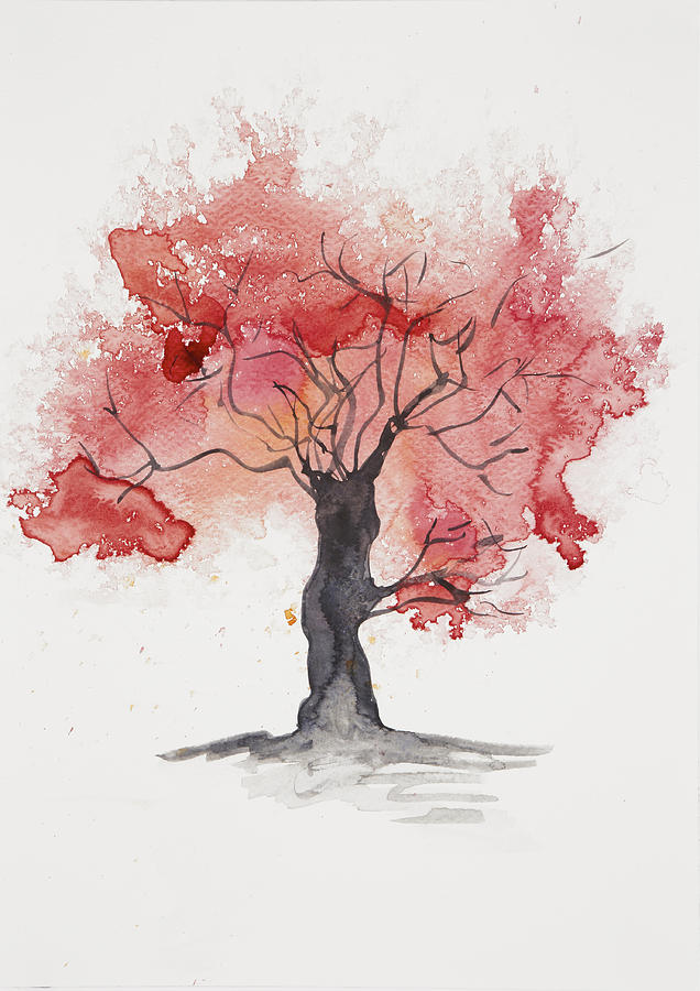 636x900 Abstract Watercolour Tree In Red Painting By Steve And Jenni Thorp