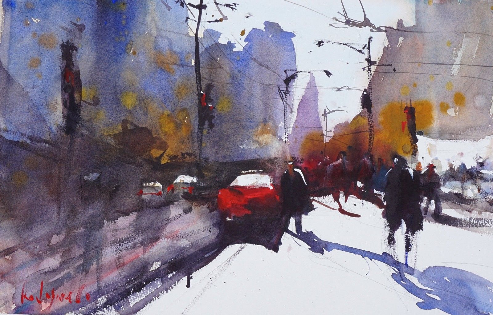 1600x1024 Original Watercolor Landscape Painting, Urban Art, Abstract
