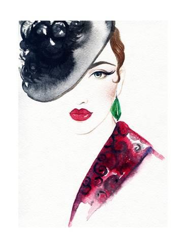 366x488 Beautiful Face. Woman Portrait With Hat. Abstract Watercolor