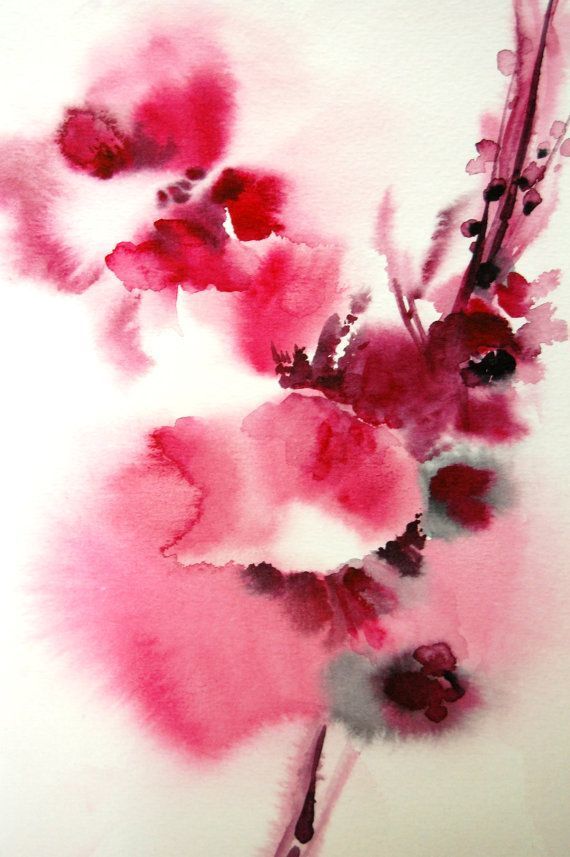 570x857 Watercolor Painting. Abstract Minimalist Flowers. Scarlet Red Pink