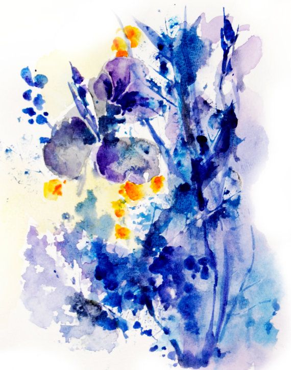 570x725 Blue Abstract Flowers Watercolor Painting Art Print Floral Dise O