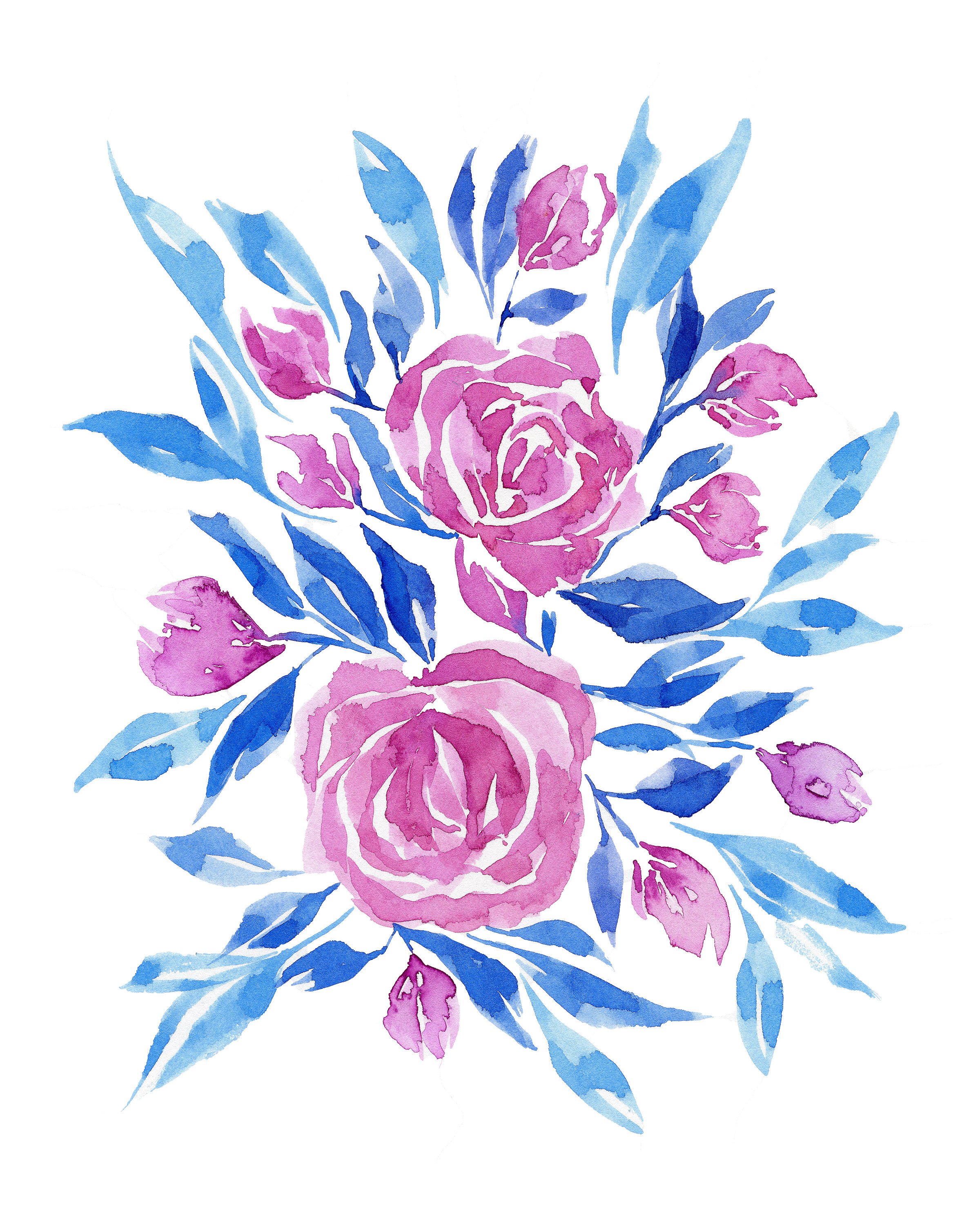 2400x3000 Blue And Pink Floral Watercolor Print No.11, Watercolor Floral Art