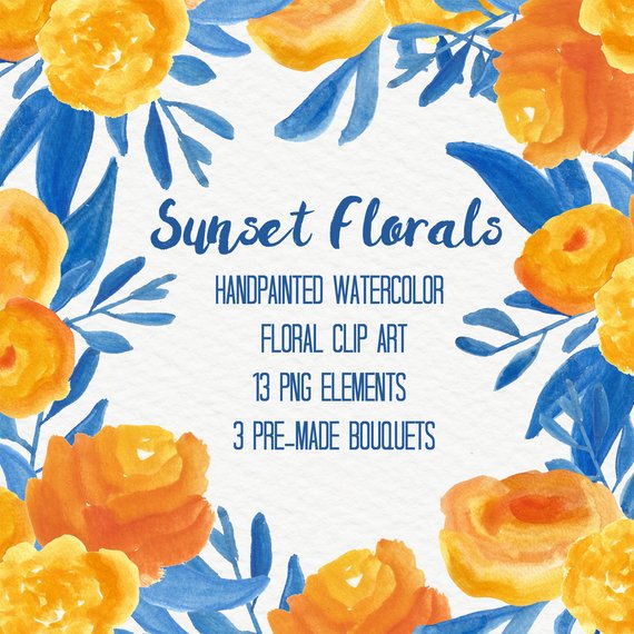 570x570 Yellow Blue Abstract Watercolor Flowers Floral Clip Art Etsy